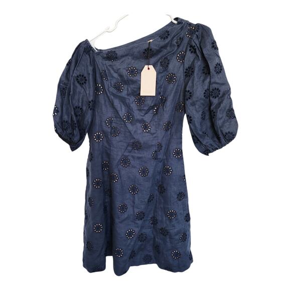 FIGUE Darcy Linen Eyelet Mini Dress 4 Navy Party Fairycore Wedding Cocktail - Picture 2 of 9